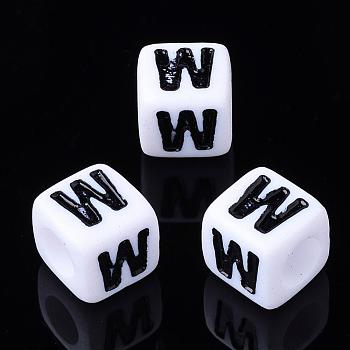 Letter Acrylic Beads, Cube, White, Letter W, Size: about 7mm wide, 7mm long, 7mm high, hole: 3.5mm, about 2000pcs/500g