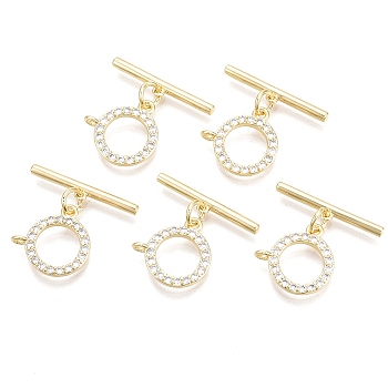 5Pcs Brass Micro Pave Clear Cubic Zirconia Toggle Clasps, with Jump Rings, Nickel Free, Ring, Bar: 21.5x4x2mm, Hole: 1.5mm, Ring: 14.5x14.5x3mm, Hole: 1.5mm