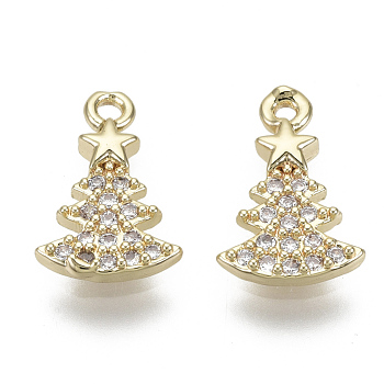 Brass Micro Pave Clear Cubic Zirconia Charms, Nickel Free, Christmas Trees, Real 18K Gold Plated, 12x8x2mm, Hole: 1.2mm