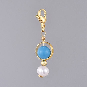 Synthetic Turquoise Pendants, with Natural Pearl, Golden Plated Brass Bead Frames and 304 Stainless Steel Lobster Claw Clasps, 41mm