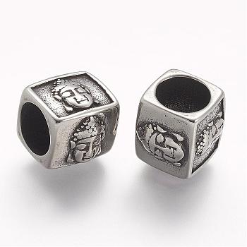 304 Stainless Steel Beads, Cube, Large Hole Beads, Antique Silver, 13x12.5x12mm, Hole: 8mm