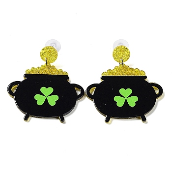 Saint Patrick's Day Sparkling Acrylic Dangle Stud Earrings, Clover, Black, 52x45.5mm