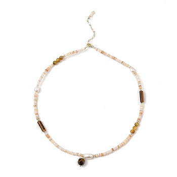 Natural Tiger Eye Beads Charm Necklace with Natural Shell & Pearl Beaded Chains, 14.88 inch(37.8cm)