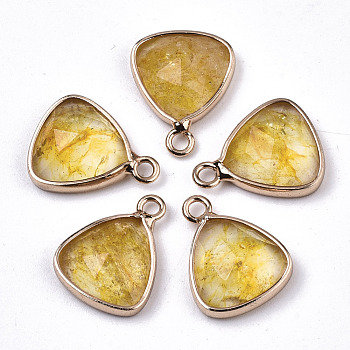 Glass Charms, with Light Gold Tone Brass Findings, Triangle, Faceted, Gold, 14x11x4mm, Hole: 1.5mm