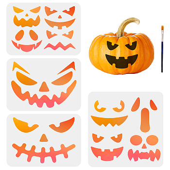 US 1 Set Halloween Pumpkin Face PET Hollow Out Drawing Painting Stencils, with 1Pc Art Paint Brushes, for DIY Scrapbook, Photo Album, Face Pattern, 210~300x297~300mm, 4pcs/set