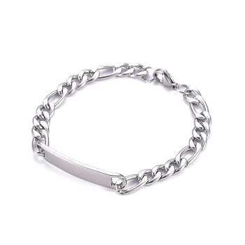 304 Stainless Steel Figaro Chain ID Bracelets, with Lobster Claw Clasps, Stainless Steel Color, 8-5/8 inch(22cm)