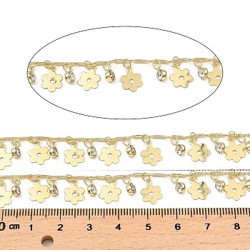 Rack Plating Brass Flower Link Chains, with Clear Glass Charms, Long-Lasting Plated, Soldered, with Spool, Light Gold, flower: 10x7x0.2mm, flat round: 6x4x3mm, about 32.81 Feet(10m)/Roll