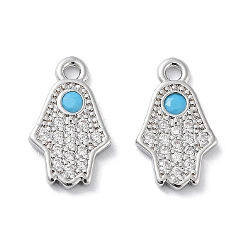 Brass Micro Pave Clear Cubic Zirconia Charms, with Glass, Hamsa Hand Charms, Real Platinum Plated, 13.5x8x1.5mm, Hole: 1.4mm