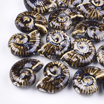 Handmade Porcelain Beads, Fancy Antique Glazed Porcelain, Sea Snail, Coffee, 39~40x30~31x16.5~18mm, Hole: 2.5~3.5mm