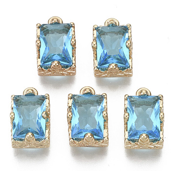 Glass Rhinestone Pendants, with Light Gold Plated Brass Claw Open Back Settings, Rectangle, Faceted, Aquamarine, 10x6x5mm, Hole: 1mm