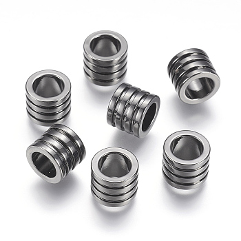 304 Stainless Steel Beads, Large Hole Beads, Grooved Beads, Column, Gunmetal, 10x8mm, Hole: 6.5mm