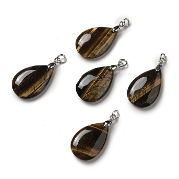 Natural Tiger Eye Pendants, Teardrop Charms, with Platinum Plated Brass Snap on Bails, Lead Free & Cadmium Free, 28~29x18~18.5x6~7mm, Hole: 3mm