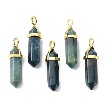 Natural Indian Agate Pointed Pendants, with Random Brass Pendant Hexagon Bead Cap Bails, Golden, Bullet, 38.5~40x12~12.5x10~11mm, Hole: 3x4.5mm