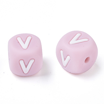 Food Grade Eco-Friendly Silicone Beads, Horizontal Hole, Chewing Beads For Teethers, DIY Nursing Necklaces Making, Letter Style, Cube, Pink, Letter.V, 10x10x10mm, Hole: 2mm