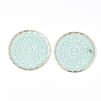 Polyester Woven Pendant Decorations, with Iron Findings, Flat Round, Light Gold, Pale Turquoise, 46x1.5mm