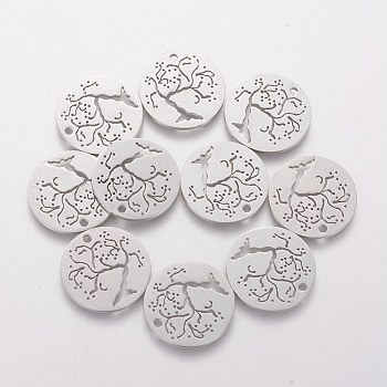 201 Stainless Steel Pendants, Flat Round with Cherry Tree, Stainless Steel Color, 20x1.1mm, Hole: 1.5mm