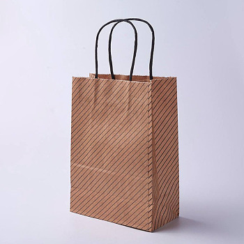 kraft Paper Bags, with Handles, Gift Bags, Shopping Bags, Brown Paper Bag, Rectangle, Diagonal Stripe Pattern, Camel, 27x21x10cm