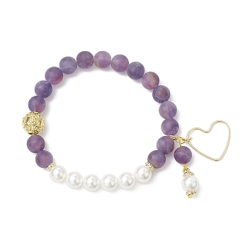 8mm Round Frosted Natural Amethyst & Shell Pearl Beaded Stretch Bracelets, Matte Round & Heart Bracelets for Women, Golden, Inner Diameter: 2-1/4 inch(5.8cm)