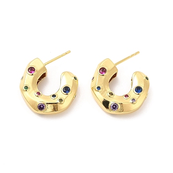Cubic Zirconia C-shap Stud Earrings, Real 18K Gold Plated Half Hoop Earrings for Women, Cadmium Free & Lead Free, Colorful, 20x6mm, Pin: 0.9mm