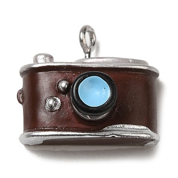 Opaque Resin Pendants, Camera Charms with Platinum Plated Iron Loops, Coconut Brown, 17x20x12mm, Hole: 2mm