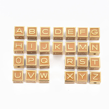304 Stainless Steel Beads, with Enamel, Pink, Cube with Letter, Golden, Letter A~Z, 7x7x7mm, Hole: 2mm