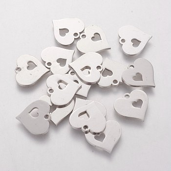 304 Stainless Steel Charms, Stamping Blank Tag, Heart with Heart, Stainless Steel Color, 12.5x12.5x1.2mm, Hole: 1mm
