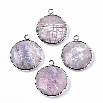 Natural Fire Agate Pendants, with Platinum Plated Brass Findings, Dyed & Heated, Flat Round, Light Grey, 27~28x23~24x7~9.5mm, Hole: 2mm