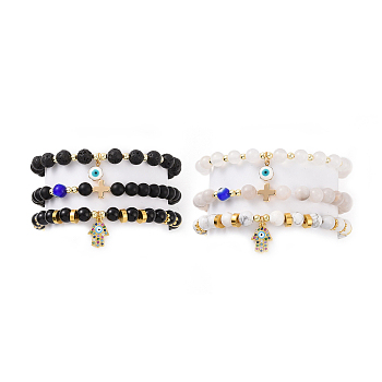 6Pcs 6 Style Natural Mixed Gemstone Beaded Stretch Bracelets Set, Lampwork Evil Eye & Cubic Zirconia Hamsa Hand & 304 Stainless Steel Cross Charms Stackable Bracelets for Women, 2~2-1/8 inch(5.2~5.5cm), 1Pc/style