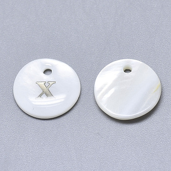 Natural White Shell Mother of Pearl Shell Charms, with Iron Sticker, Flat Round with Letter, Letter.X, 13x2mm, Hole: 1.5mm