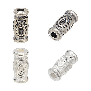 4Pcs 2 Colors 925 Sterling Silver Tube Beads, Column with Jesus Fish Pattern, Mixed Color, 9x4mm, Hole: 1.6mm, 2pcs/color