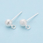 Brass Ball Stud Earring Findings, with Loop, Textured Round, 925 Sterling Silver Plated, 8x5mm, Hole: 1.5~1.8mm, Pin: 0.8mm(KK-ZX026-07S)