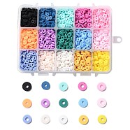 150G 15 Colors Handmade Polymer Clay Beads, Heishi Beads, for DIY Jewelry Crafts Supplies, Disc/Flat Round, Mixed Color, 6x1mm, Hole: 2mm, 10g/color(CLAY-JP0001-13-6mm)