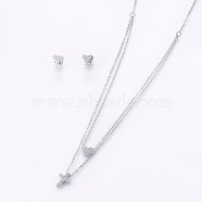 304 Stainless Steel Jewelry Sets, Stud Earrings and Pendant Tiered Necklaces, with Rhinestone, Cross and Heart, Stainless Steel Color, Necklace: 18.1 inch(46cm), 1.5mm, Stud Earrings: 7x8x1.2mm, Pin: 0.8mm(X-SJEW-O090-34P)