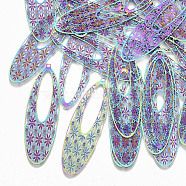 Ion Plating(IP) 304 Stainless Steel Filigree Big Pendants, Etched Metal Embellishments, Oval with Flower, Rainbow Color, 55x17x0.3mm, Hole: 1.2mm(STAS-S108-82)