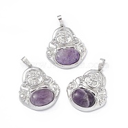 Natural Amethyst Pendants, Buddha Charms, with Platinum Tone Rack Plating Brass Findings, Cadmium Free & Lead Free, 39x32x9.5mm, Hole: 8x4.5mm(G-H283-01X)