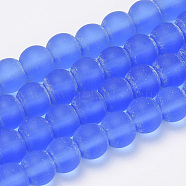 Transparent Glass Beads Strands, Frosted, Round, Royal Blue, 10mm, Hole: 1.5mm, about 33pcs/strand, 12.9 inch(GLAA-Q064-08-10mm)