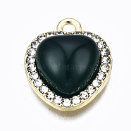 Alloy Crystal Rhinestone Pendants, with Resin, Heart, Cadmium Free & Lead Free, Light Gold, Dark Green, 18.5x15x6mm, Hole: 1.8mm(PALLOY-T067-203B-RS)