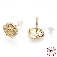 925 Sterling Silver Micro Pave Cubic Zirconia Stud Earring Findings, with Peg Bails, for Half Drilled Beads, Shell/Scallop Shape, Nickel Free, with S925 Stamp, Real 18K Gold Plated, 10x10.5mm, Pin: 0.7mm(for Half Drilled Beads), Pin: 0.8mm(STER-T004-40G)