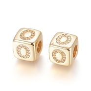 Brass Micro Pave Cubic Zirconia European Beads, Horizontal Hole, Large Hole Beads, Long-Lasting Plated, Cube with Letter, Golden, Clear, Letter.O, 9x9x9.5mm, Hole: 4.5mm(ZIRC-G162-13G-O)