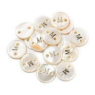 Freshwater Shell Buttons, Flat Round , Letter M, 12x2mm, Hole: 1.6mm(BUTT-Z001-01M)