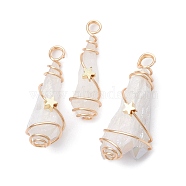 Electroplated Natural Quartz Crystal Dyed Copper Wire Wrapped Pendants, Teardrop Charms with Brass Star, Golden, White, 28~39x8~12x8mm, Hole: 4mm(PALLOY-JF02326-01)
