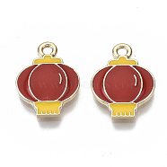 Spring Festival Theme Chinese Style Zinc Alloy Pendants, with Enamel, Cadmium Free & Nickel Free & Lead Free, Lantern, Light Gold, FireBrick, 17x13x2mm, Hole: 1.8mm(FIND-N048-035A-NR)