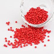 8/0 Opaque Colours Round Glass Seed Beads, Red, Size: about 3mm in diameter, hole:1mm, about 1101pcs/50g(X-SEED-A010-3mm-45)