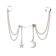304 Stainless Steel Ear Cuff Drop Chains Stud Earrings, Star & Moon Asymmetrical Earrings for Women, Stainless Steel Color, 119mm, Pin: 0.8mm(EJEW-TA00110)