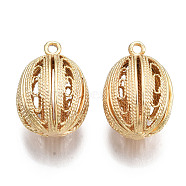 Brass Pendants, Hollow, Nickel Free, Oval, Real 18K Gold Plated, 20x14x13.5mm, Hole: 1.4mm(KK-S356-378-NF)