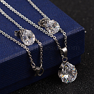 Teardrop 304 Stainless Steel Cubic Zirconia Pendant Necklaces and Stud Earrings, Clear, 17.7 inch, 9x7x6mm, Pin:0.8mm(SJEW-D069-01)