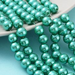 Baking Painted Pearlized Glass Pearl Round Bead Strands, Light Sea Green, 8~9mm, Hole: 1mm, about 100~105pcs/strand, 31.4 inch(HY-Q330-8mm-29)