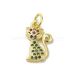 Real 18K Gold Plated Brass Pave Colorful Cubic Zirconia Pendants, with Jump Rings, Cat Shape, 14x9x2mm, Hole: 3mm(KK-M283-06G-02)