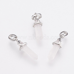 Brass Natural Rose Quartz Double Terminated Pointed Pendants, Bullet, Platinum, 17~20x7x6.5mm, Hole: 2x4mm(KK-G343-11L-05P)