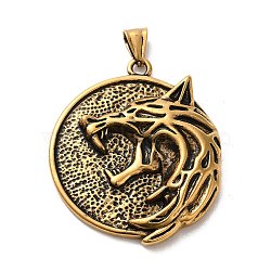 304 Stainless Steel Big Pendants, Flat Round with Wolf & Helm of Awe Charm, Antique Golden, 60x44x7mm, Hole: 10x5mm(STAS-D091-05AG)